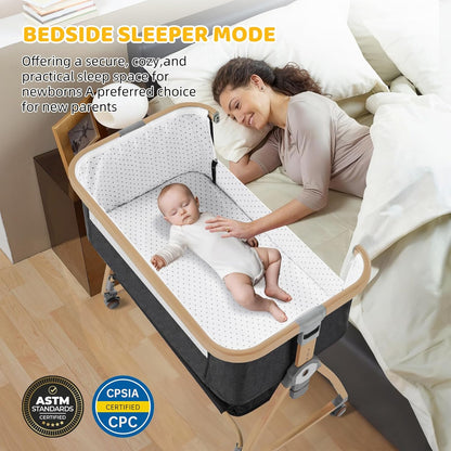 Bassinet Bedside Sleeper,Bedside Bassinet,Rocking Bassinet,3 in 1 Portable Bedside Crib with Mattress,Mobile,Mosquito Net,Storage Basket,6-Height Adjustable Baby Bassinet with Wheels for Newborn,Beige