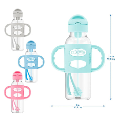 Dr. Brown's Milestones Narrow Sippy Straw Bottle, Spill-Proof with 100% Silicone Handles and Weighted Straw, 8 oz/250 mL, Blue/Gray, 6m+