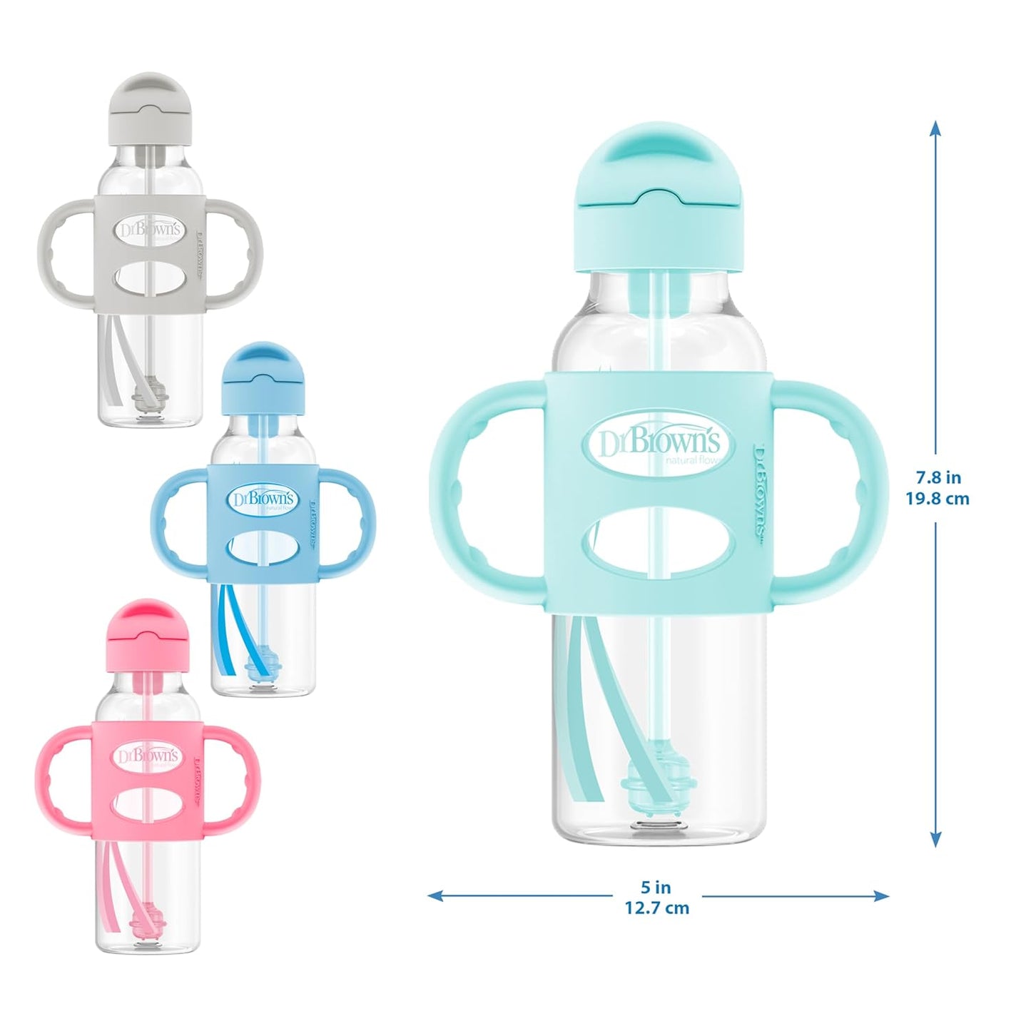 Dr. Brown's Milestones Narrow Sippy Straw Bottle, Spill-Proof with 100% Silicone Handles and Weighted Straw, 8 oz/250 mL, Gray & Green, 6m+