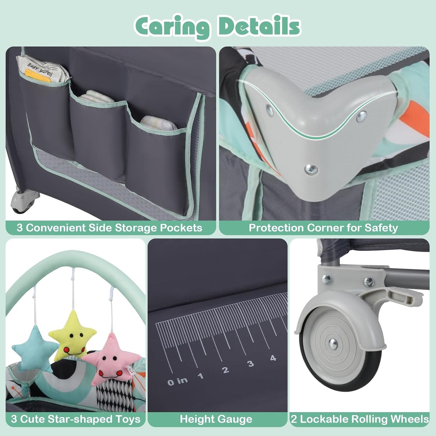 BABY JOY 4 in 1 Pack and Play, Portable Baby Playard with Bassinet, Side Zipper Door, Changing Table, Indoor Outdoor Travel Nursery Center w/Hanging Bar, Lockable Wheels, Carry Bag