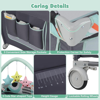 BABY JOY 4 in 1 Pack and Play, Portable Baby Playard with Bassinet, Side Zipper Door, Changing Table, Indoor Outdoor Travel Nursery Center w/Hanging Bar, Lockable Wheels, Carry Bag