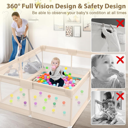 Baby Playpen with Mat 79x71inch - Extra Large Play Pen for Babies and Toddlers Indoor & Outdoor Baby Playard with Soft Breathable Mesh Cover - Sturdy Foam Infant Gate Playpen(Apricot)