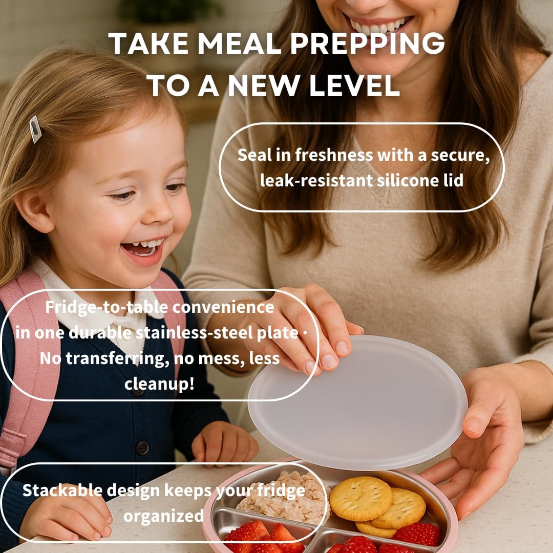 Karefree Children’s Minimalist Stainless Steel Suction Plate with Lid – 3-Section, BPA-Free, Food Grade Silicone, Easy Clean, Perfect for Toddlers & Baby Led Weaning (2, Blush Pink and Beige)