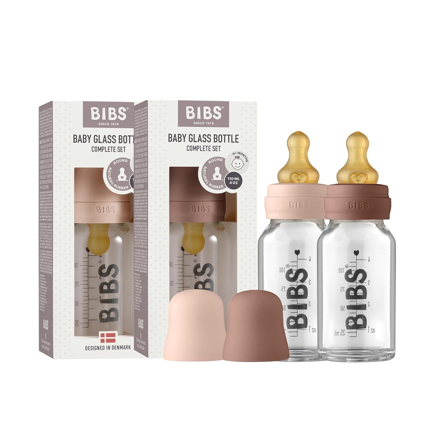 BIBS Baby Glass Bottle. Anti-Colic. Round Natural Rubber Latex Nipple. Supports Natural Breastfeeding, Complete Set - 110 ml, Cloud