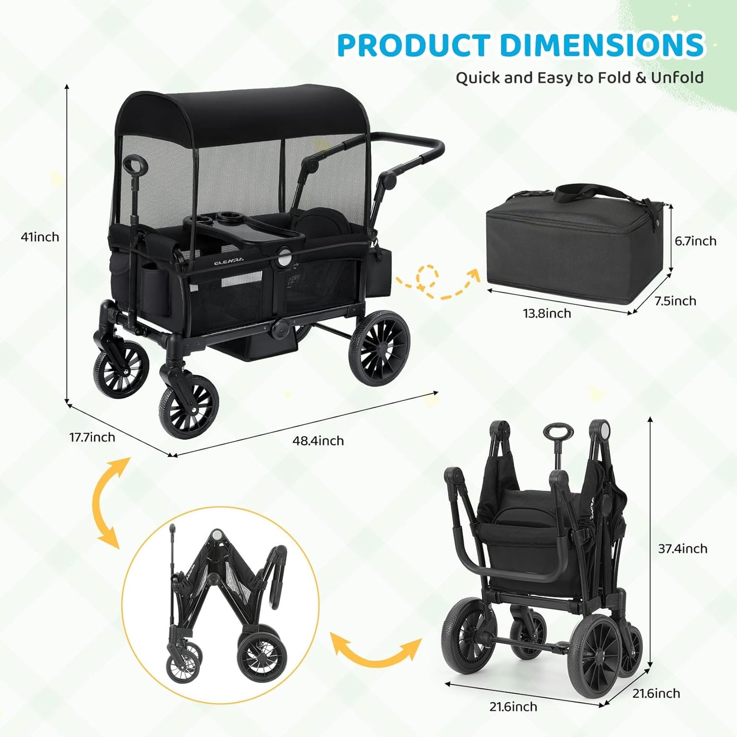 ELEMARA Stroller Wagon, 2 Seat Stroller for 2 Kids, Premium All Terrain Stroller for Kids w/Removable Canopy, Adjustable Push/Pull Handle, Large Storage Bag, Black