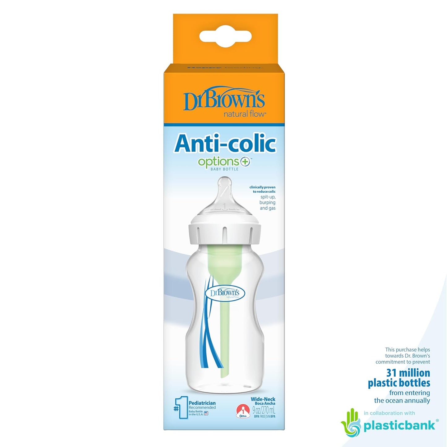 Dr. Brown’s Natural Flow® Anti-Colic Options+™ Wide-Neck Baby Bottles 5 oz/150 mL, with Level 1 Slow Flow Nipple, 4 Pack, 0m+