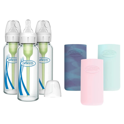 Dr. Brown's Anti-Colic Options+ Narrow Glass Baby Bottles 8 oz/250 mL, with Level 1 Slow Flow Nipple, 3 Pack 0m+ with Mint 100% Silicone Sleeves, BPA-Free