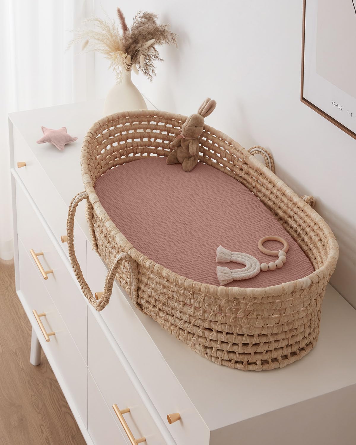 Blissful Diary Muslin Bassinet Sheets for Baby Girls Boys, Boho Soft Cotton Fitted for Oval Hourglass Rectangle Mattress, 2 Pack(Sunshine&Brown)