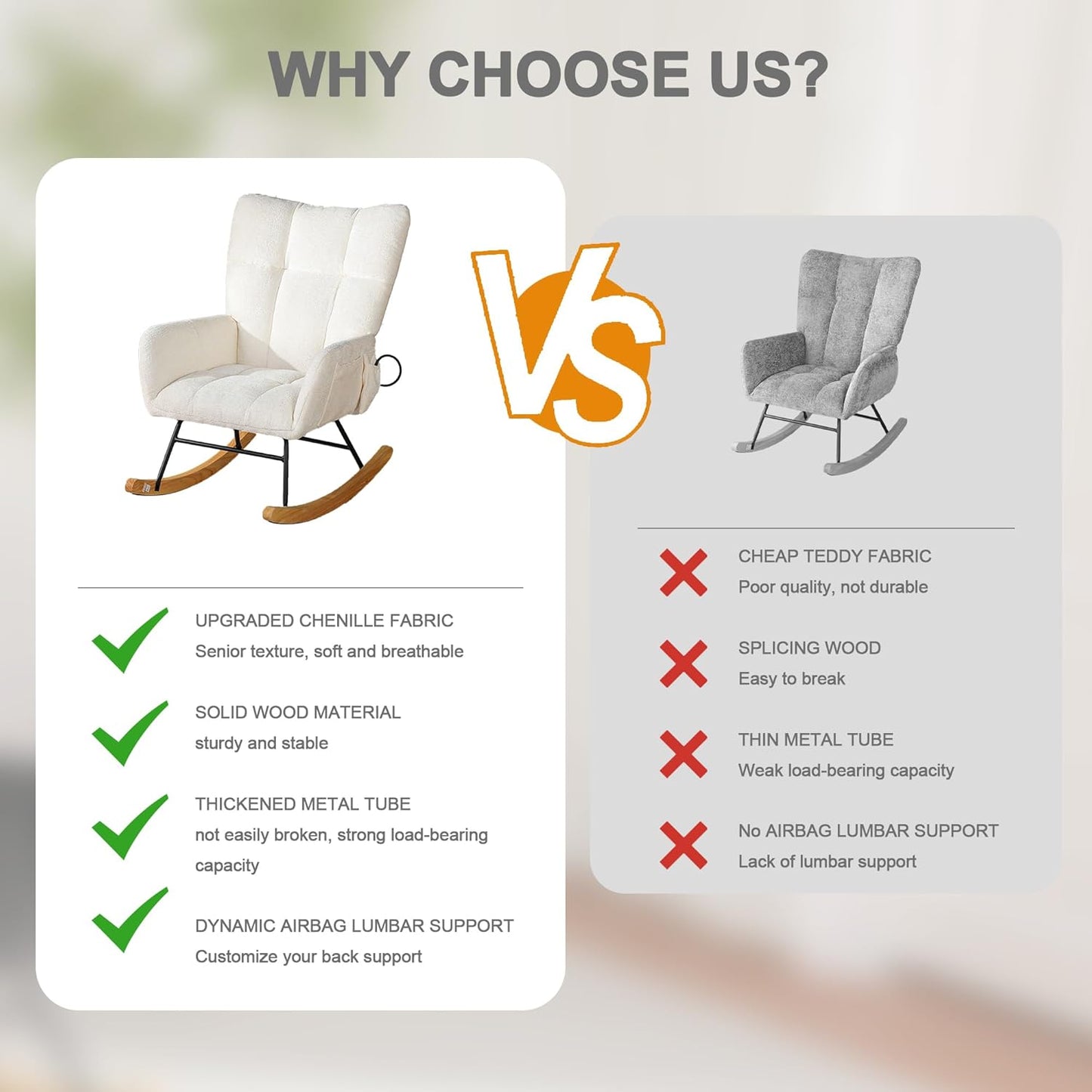 Rocking Chair Nursery with Airbag, Comfy Modern Nursery Rocking Reading Chair indoor with Footrest, Cozy Upholstered Glider Rocker Chairs for Living Room Bedroom Offices(Chenille, Dark Grey)