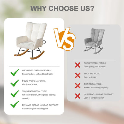 Rocking Chair Nursery with Airbag, Comfy Modern Nursery Rocking Reading Chair indoor with Footrest, Cozy Upholstered Glider Rocker Chairs for Living Room Bedroom Offices(Chenille, Dark Grey)