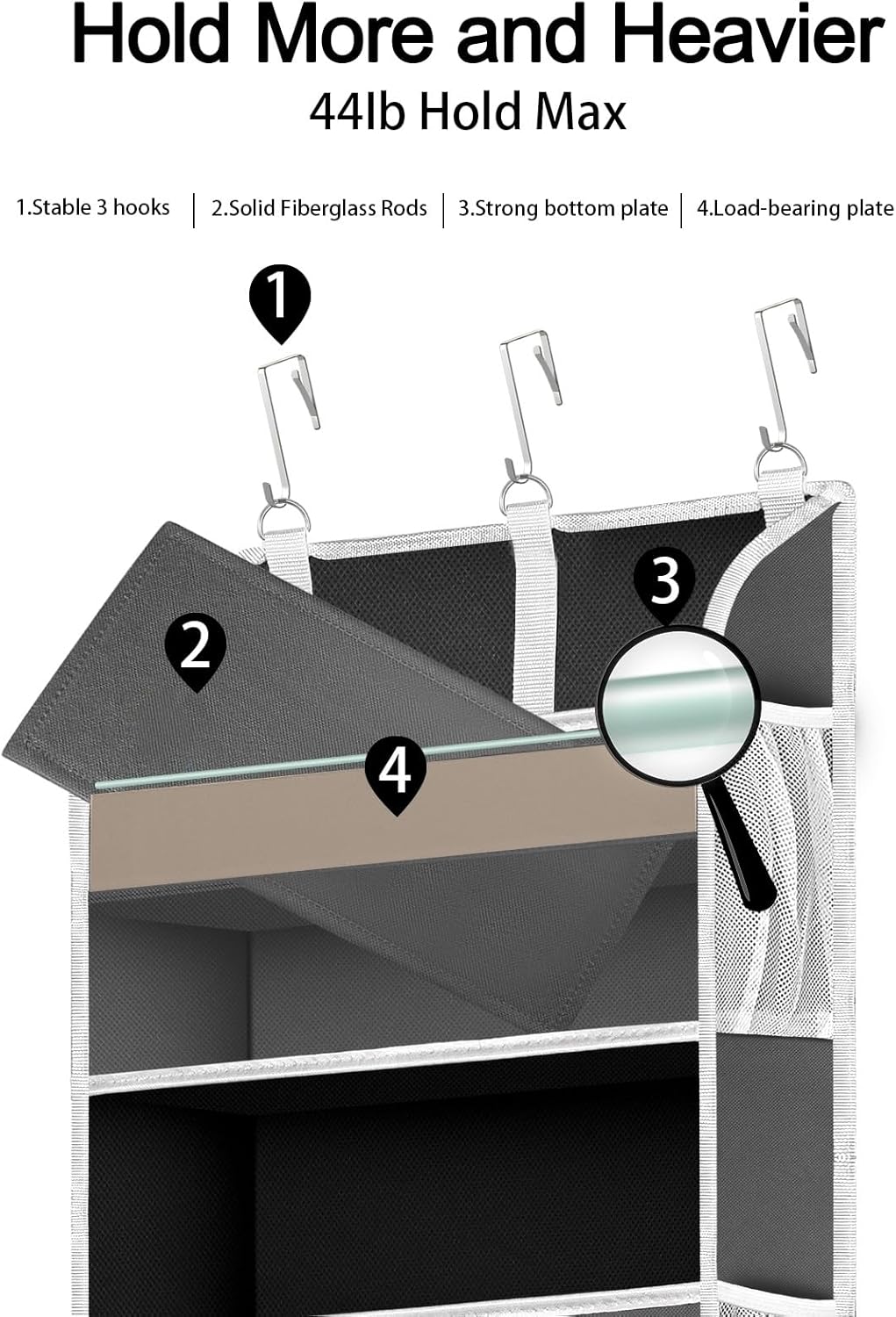 TAHAVICE 1 Pack Over The Door Organizer Storage, Hanging Organizer Closet with 5 Large Pockets 10 Mesh Pockets, 44 lbs Weight Capacity, Behind Door Storage for Nursery Bedroom Bathroom (Dark Grey)