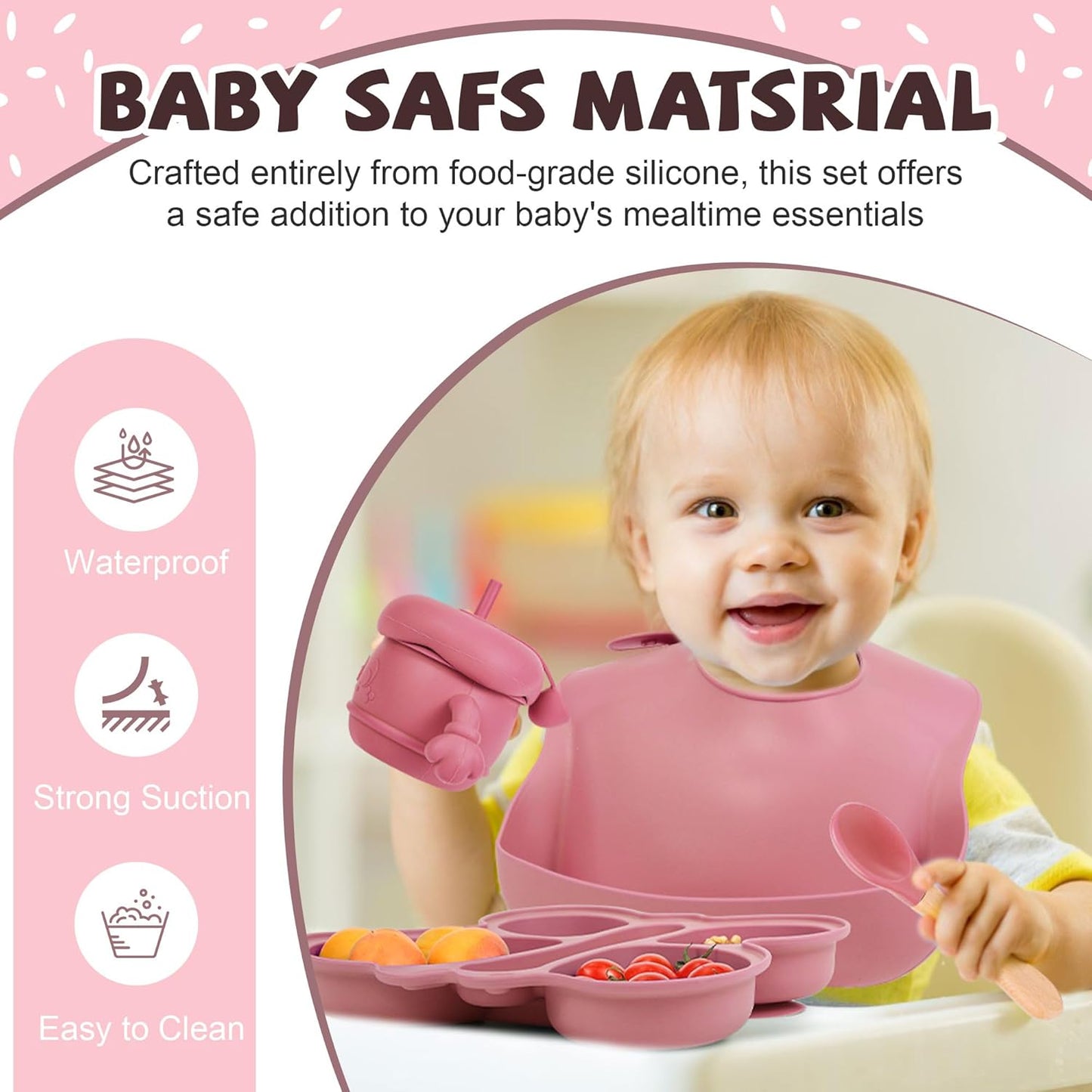 Silicone Baby Feeding Set, Baby Led Weaning Supplies, Baby Food Tableware Silicone Suction Plate, Bowl, Spoons, Fork, Waterproof Bib, Cup & Complementary Food Cake Mold, Baby Eating Utensils
