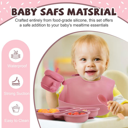 Silicone Baby Feeding Set, Baby Led Weaning Supplies, Baby Food Tableware Silicone Suction Plate, Bowl, Spoons, Fork, Waterproof Bib, Cup & Complementary Food Cake Mold, Baby Eating Utensils