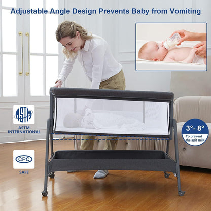 ANGELBLISS Baby Bassinet Bedside Crib with Storage Basket and Wheels, Easy Folding Bed Side Sleeper Adjustable Height Portable Crib for Newborn (Pink)