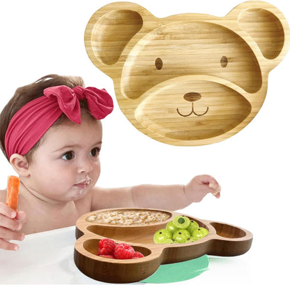 Bamboo Plates for Kids - Baby & Toddler Plates with Suction for Feeding & Weaning, Eco-Friendly Bear Design Promotes Self-Feeding, Ideal for Busy Moms & Dads, Sturdy & BPA-Free (Pink)