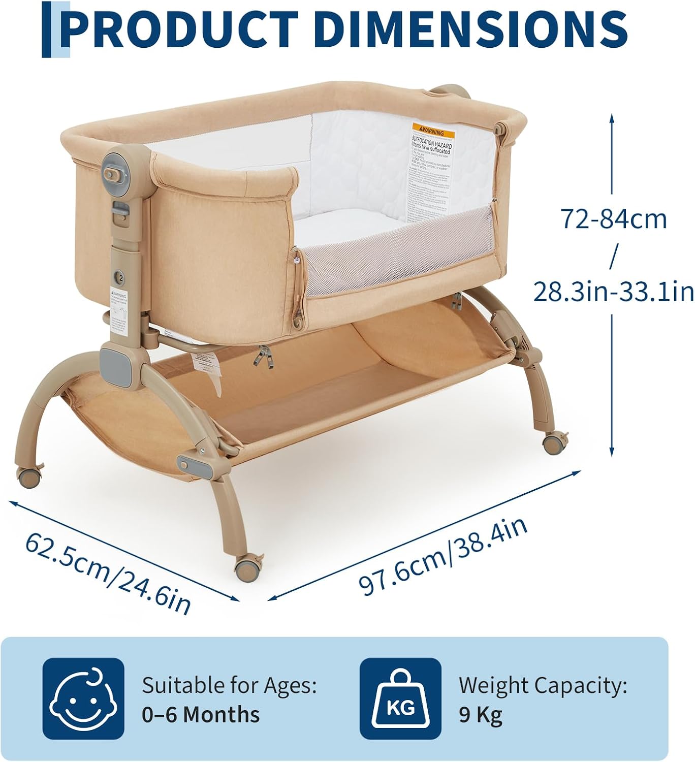 GarveeTech Bedside Bassinet Baby Bassinet for Baby, 3 in 1 Bedside Sleeper with Baby Co-Sleeper Travel Crib with Detachable Mosquito Net & Storage Basket | Adjustable Height, Wheels Included (Khaki)