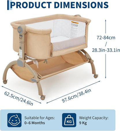 GarveeTech Bedside Bassinet Baby Bassinet for Baby, 3 in 1 Bedside Sleeper with Baby Co-Sleeper Travel Crib with Detachable Mosquito Net & Storage Basket | Adjustable Height, Wheels Included (Khaki)