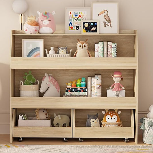 COZPAW Toy Storage Organizer, 3 Tier Montessori Shelf with Movable Bins (Wood)