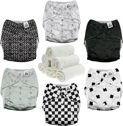Mama Koala 3.0 Pocket Cloth Diapers for Babies with AWJ Lining, 6 Pack with 6 4-Layer Natural Cloth Diaper Inserts - Reusable and Washable Pocket Diapers(Hardworking Bees) - Colors B