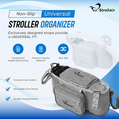 StrollAir Universal Stroller Organizer with Insulated Cup Holder, Stroller Caddy Compatible with Cosmos, Solo, Nuna, Baby Jogger, Bumbleride, Uppababy, Parent Drink Holder Stroller Accessories (Black)