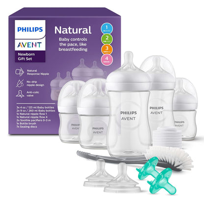 Philips Avent Natural Response Baby Gift Set - 3X 4oz Bottles with Slow Flow Nipple (Level 2), 2X 9oz Bottles with Medium Flow Nipple (Level 3), 2 Extra Nipples, 2X Soothie Pacifiers 0-3m, SCD838/02