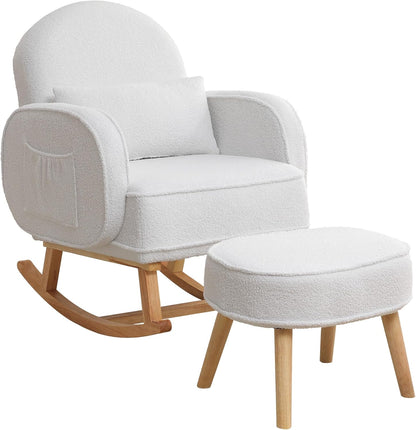 HCHAIRH Nursery Rocking Chair with Ottoman, Upholstered Glider Rocker with High Backrest Side Pocket, Rocking Accent Armchair with Solid Wood Legs for Nursery, Living Room, Bedroom, Light Grey