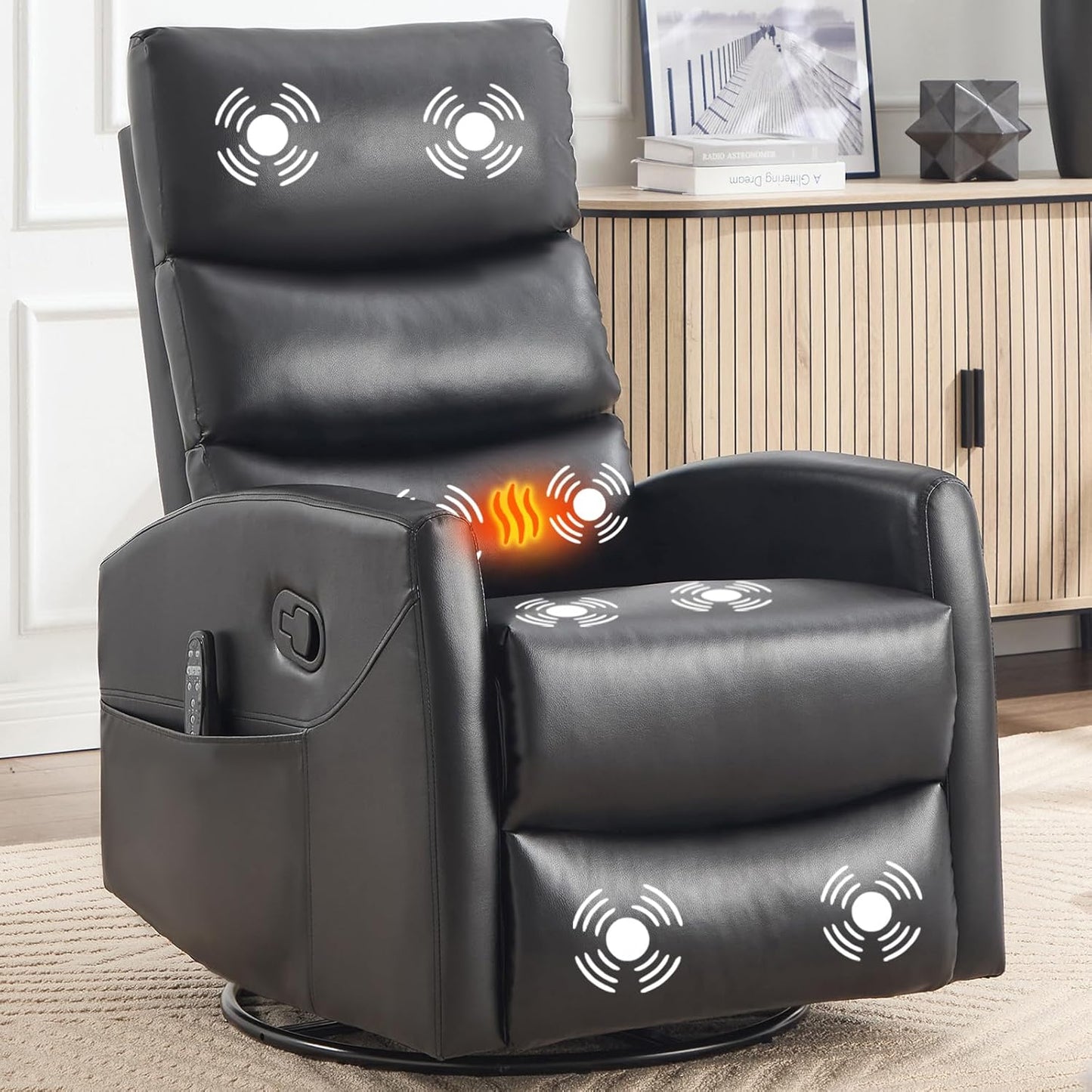 Massage Chair Recliner with Heat, Swivel Rocking Chair Recliner with High Back, Manual Nursery Recliners for Adults,Small Recliner Chair for Small Spaces, Living Room Bedroom, Fabric (Blue Green)