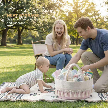 Diaper Caddy Organizer, Stylish Nursery Storage Basket, Baby Shower Basket with Tassel Decorative Appearance, Portable Storage Basket Suitable for Family and Car Travel (Grey)