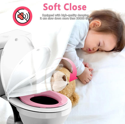 Aünsffer Toddler Toilet Seat with Potty Training Seat Round 16.5inch, 2 in 1 Toilet Seat for Family Built-in Baby Seat Removable, Soft Close + Easy Clean, PP Safe Material, Pink