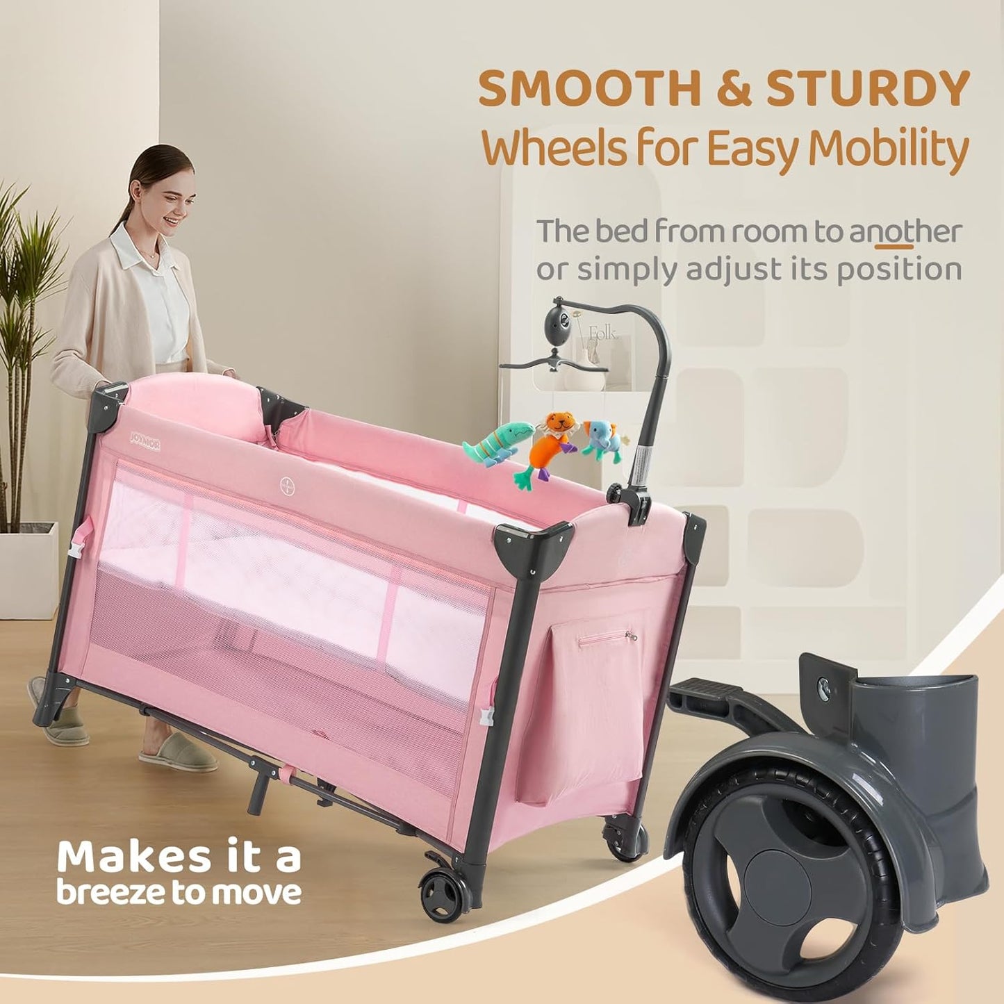 JOYMOR Baby Bedside Bassinet, Baby Bassinet, Pack n Play Convert Playpen, Quick Foldable Travel Bed with Wheels & Brake, Carry Bag for Boys Girls (Gray)