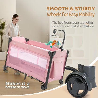 JOYMOR Baby Bedside Bassinet, Baby Bassinet, Pack n Play Convert Playpen, Quick Foldable Travel Bed with Wheels & Brake, Carry Bag for Boys Girls (Gray)