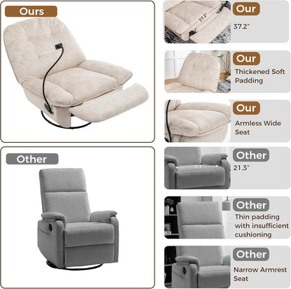 Swivel Rocker Recliner Chair for Adult, Glider Nursery Rocking Chair, Armless Manual Single Recliner Sofa for Living Room, Oversized & Overstuffed, Phone Holder Included, Light Brown Velvet