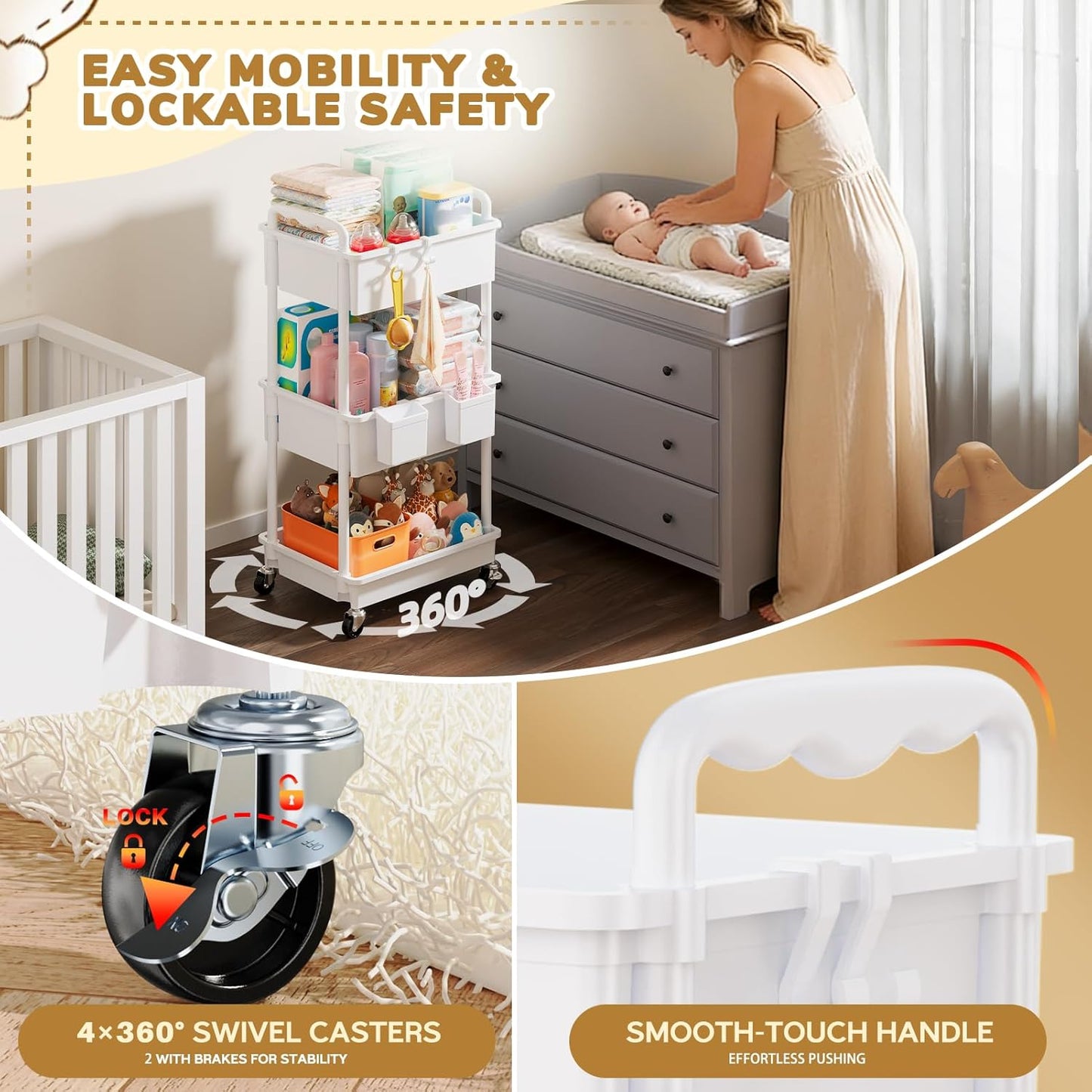 Goovilla Diaper Cart with Lockable Wheels and Easy Assembly, 3 Tier Black Rolling Cart for Baby Nursery Storage, Sturdy Ample Diaper Caddy Organizer for Baby Girl, Boy, New Mom, Newborn Essentials