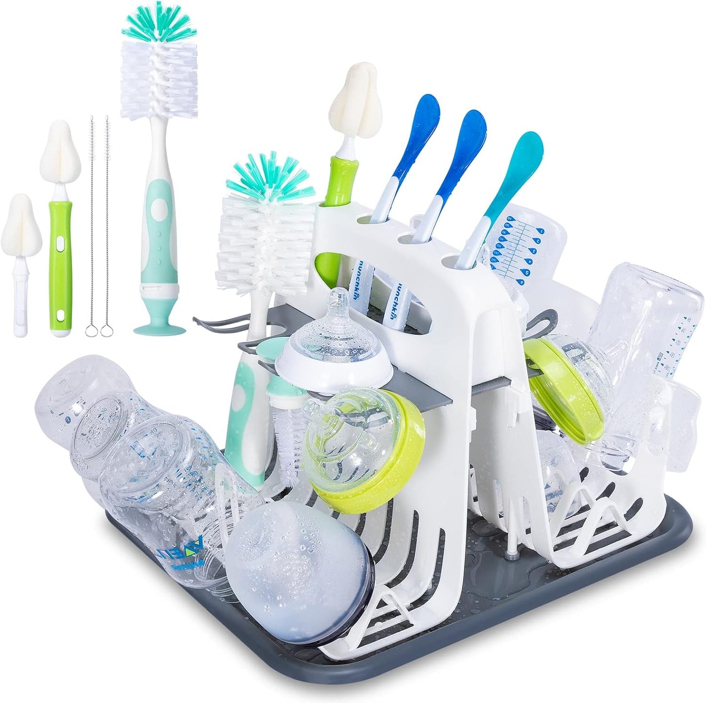 CAREBABYMORE High Capacity Drying Rack with 5pcs Brushes, Deluxe Countertop Drying Rack, Universal Drying Station, Baby Bottle Drying Rack with Bottle Brushes, White