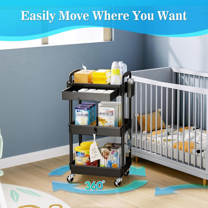 SUNALLY 3 Tier Rolling Cart with Drawer, Bathroom Storage Organizer with 2 Lockable Wheels, Multifunctional Rolling Storage Cart for Bathroom, Kitchen, Office, Craft, Makeup, Baby Essentials, White