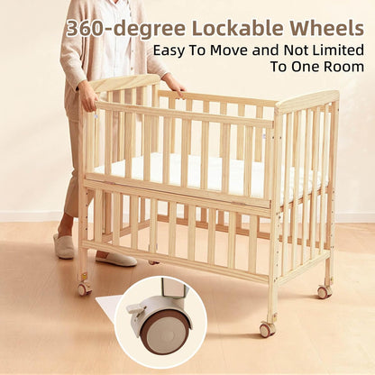 Flwrgirl Baby Bassinets Bedside Sleeper - Portable Pine Wood Bedside Bassinet with Mattress,3 Heights Small Mini Crib,Baby Crib for Newborns,Unpainted | Pine Wood Bassinet, Mattress Included, 3-IN-1 Convertible, Adjustable Height, Locking Wheels, Portalbe