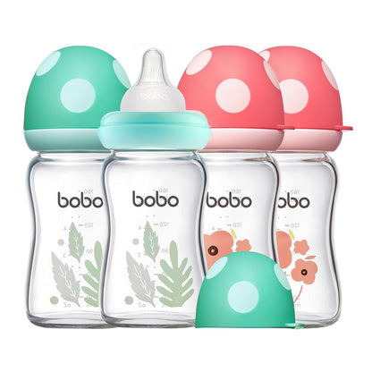 YOHKOH Natural Glass Baby Bottle with Level 1 Slow Flow Nipple, Newborn Anti-Colic Baby Bottles, Wide Neck Mushroom Baby Glass Bottle (Multicolour-A, 3.4oz (Pack of 4))