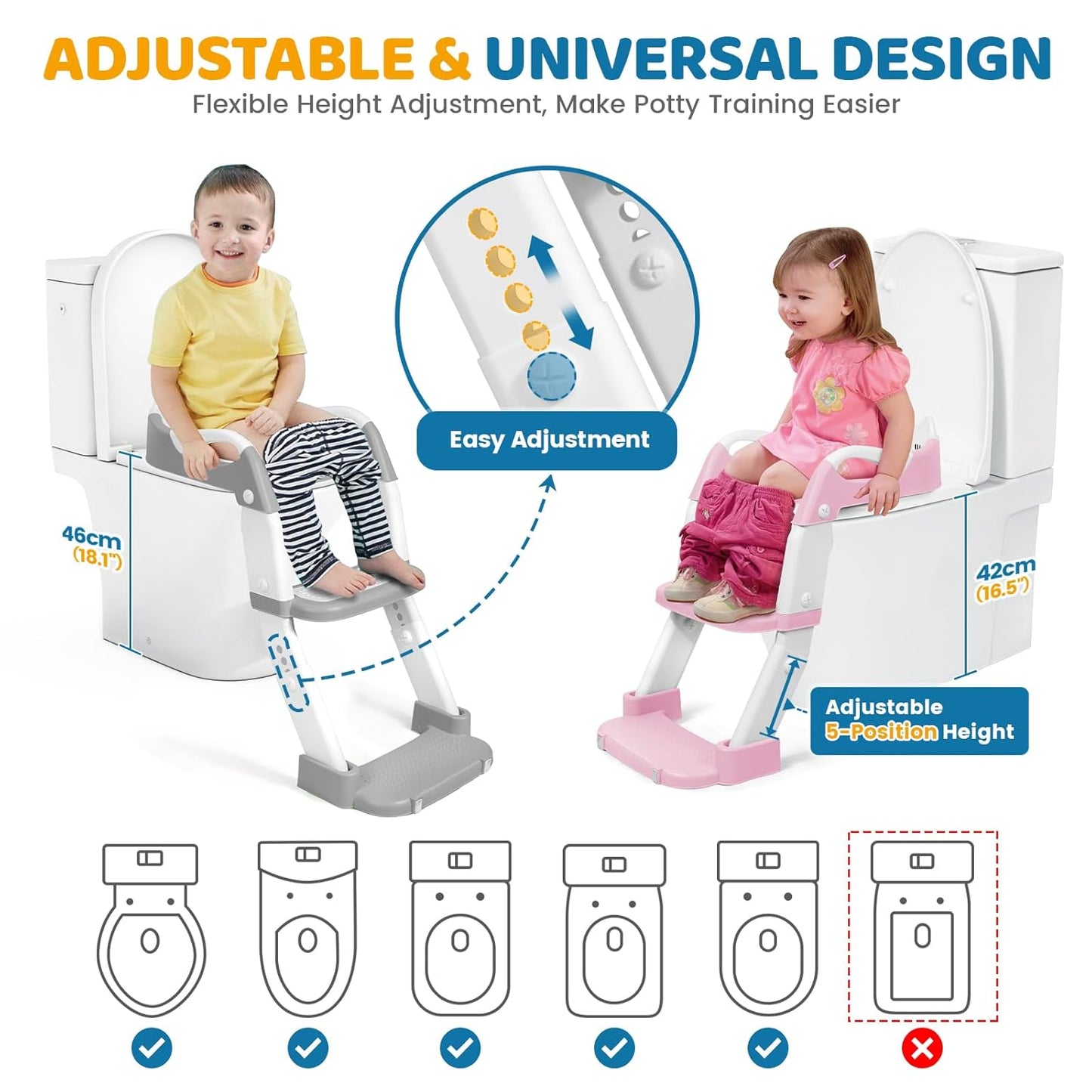 Orzbow Potty Training Seat | Upgrade Toddler Potty Training Toilet with Step Stool, 2-in-1 Stability Toilet Seat for Boys Girls | with Splash Guard, Anti-Slip Pad, Ladder, and Height Adjustable, Pink