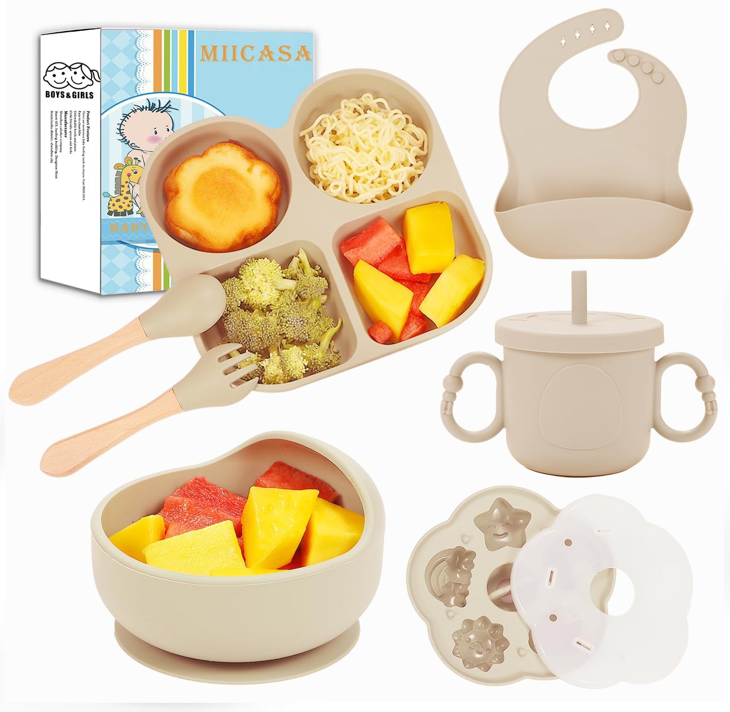 Silicone Baby Feeding Set, Baby Led Weaning Supplies, Baby Food Tableware Silicone Suction Plate, Bowl, Spoons, Fork, Waterproof Bib, Cup & Complementary Food Cake Mold, Baby Eating Utensils