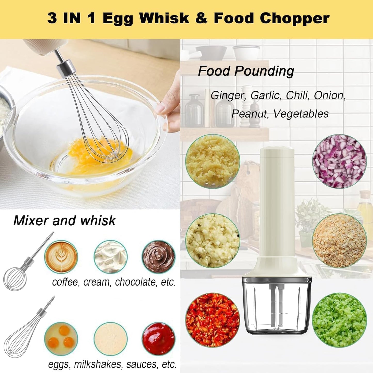 Hand Mixer with Whisk and Forther Wand,Electric Whisk, Milk Frother, Hand Held Mixers,Cordless Hand Mixer, Whisks for Cooking, Mini Mixer,Stirrers Electric,Food Chopper, Baby Food Maker,4-Speed, 10Oz