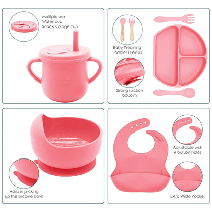 100% Silicone Baby Feeding Set, BPA Free Baby Dishes with Suction Bowl, Divided Plate, Toddler Self Feeding Dish Set with Spoons, Forks, Sippy Cup and Bib, Baby Eating Utensils (Navy Blue)