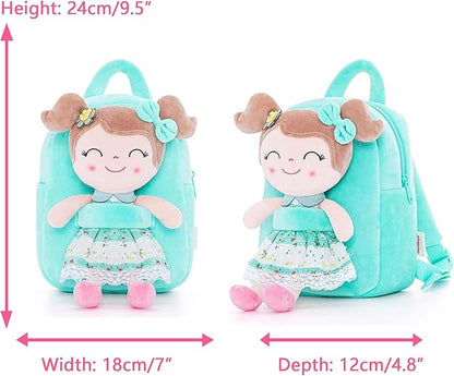 Gloveleya Kids Backpacks Girls Backpack Plush Bags with Soft Baby Doll Green 9" | with Soft Baby Doll