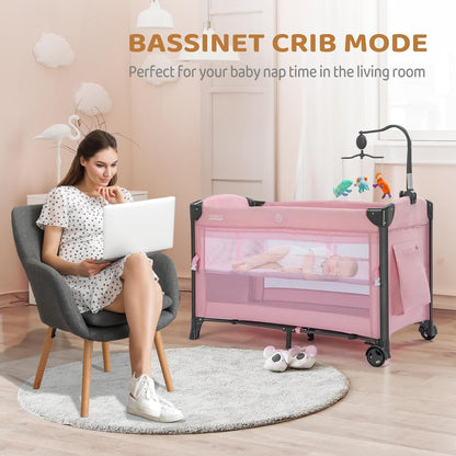 JOYMOR Baby Bedside Bassinet, Baby Bassinet, Pack n Play Convert Playpen, Quick Foldable Travel Bed with Wheels & Brake, Carry Bag for Boys Girls (Gray)