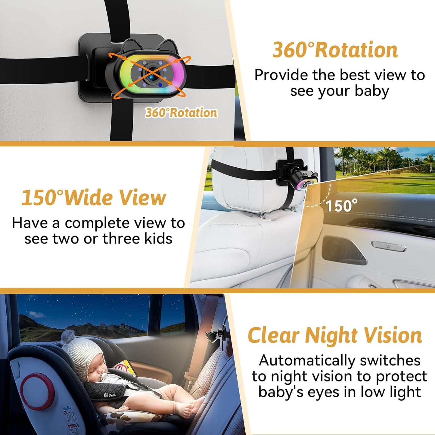 Wkzay Baby Car Camera 2-Pack – HD 1080P, 150° Wide Angle, Night Vision, Adjustable LED Light, Easy Installation, Infant Safety, Rear Seat Monitoring for Car Travel