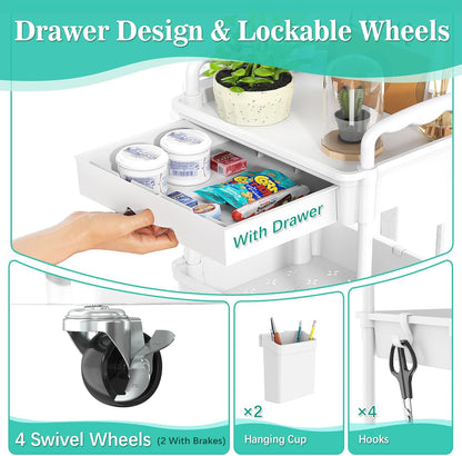 SUNALLY 3 Tier Rolling Cart with Drawer, Bathroom Storage Organizer with 2 Lockable Wheels, Multifunctional Rolling Storage Cart for Bathroom, Kitchen, Office, Craft, Makeup, Baby Essentials, White