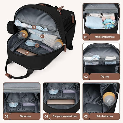 Maelstrom Diaper Bag Backpack,Baby Bag,23L-30L Expandable Diaper Backpack for Mom Dad,Travel Essentials Baby Bag with Changing Pad&Stroller Clips & Pacifier Bag,Black