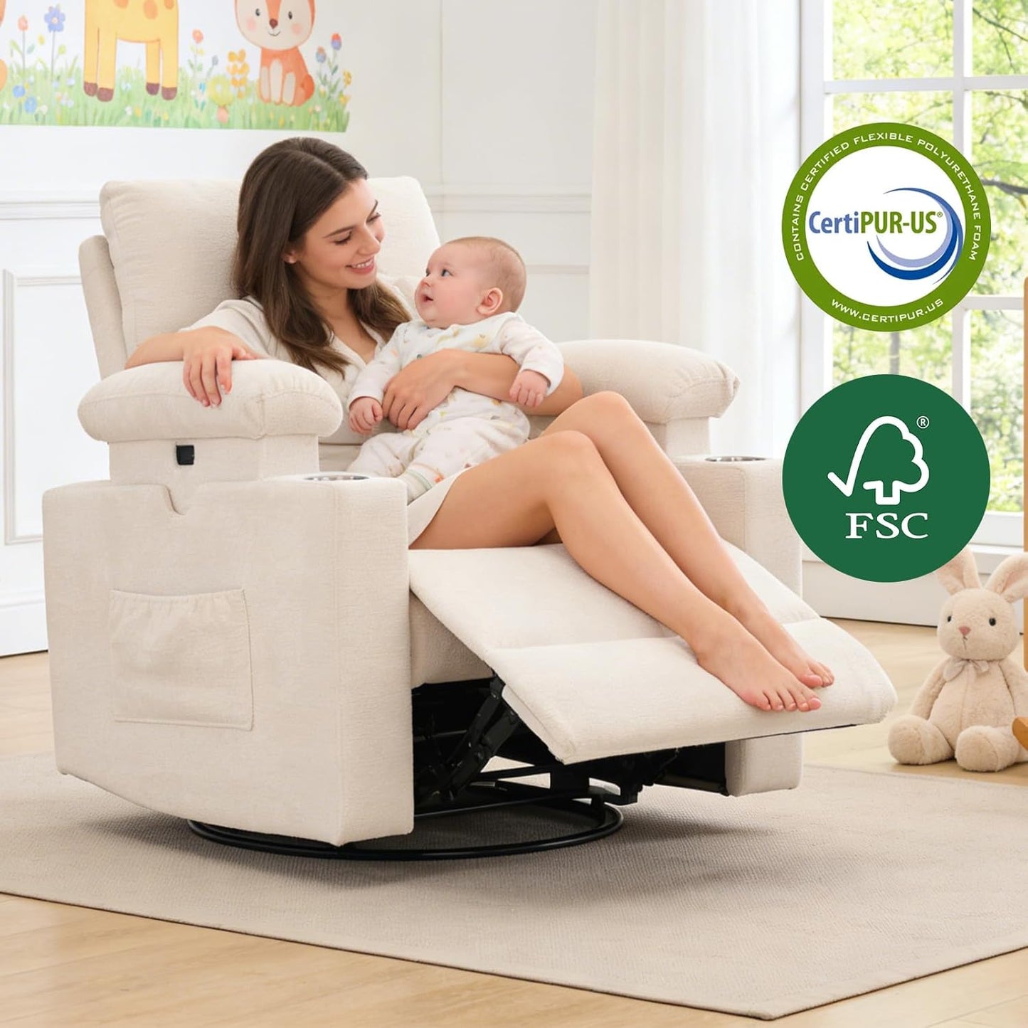 Rocking Chair Nursery with Adjustable Armrest for Breastfeeding, Glider Recliner Nursery Chair with Massage and Heat, Power Swivel Rocker Recliner with Adjustable Headrest, Corduroy, Beige