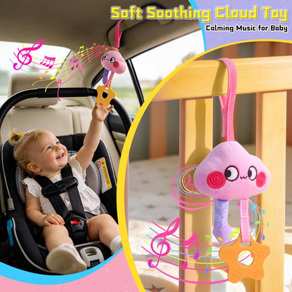 Musical Car Seat Toy for Babies 0-12 Months Girl, 5-in-1 Sensory Activity Hanging Toy Stroller Toy with Soothing Music, Rattle, Mirror for Newborn Infants Essential Gifts, Unicorn