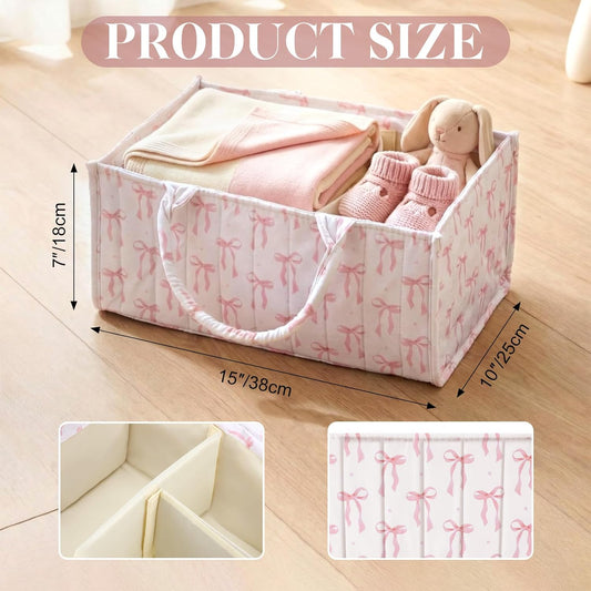 Shinylin Diaper Caddy Organizer with Pink Bow Portable Nursery Storage Basket with Handles and Removable Dividers Cute Storage Bin for Organizer Diaper Caddy Baby Wipes Baby Shower Gifts