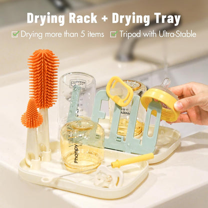 Phanpy Traveling Bottle Brush Set Portable Baby Bottle Cleaner Kit with Silicone Brush, Nipple Brush, Straw Brush, Drying Rack, Storage Box for Home and Travel